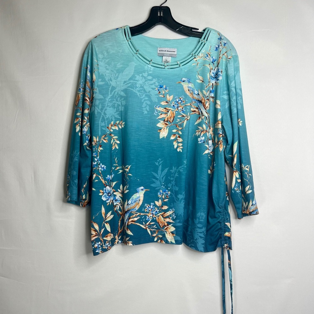 Alfred Dunner Blue Bird Floral Top Womens XL Petite Ombre Ruched Side 3/4 Sleeve